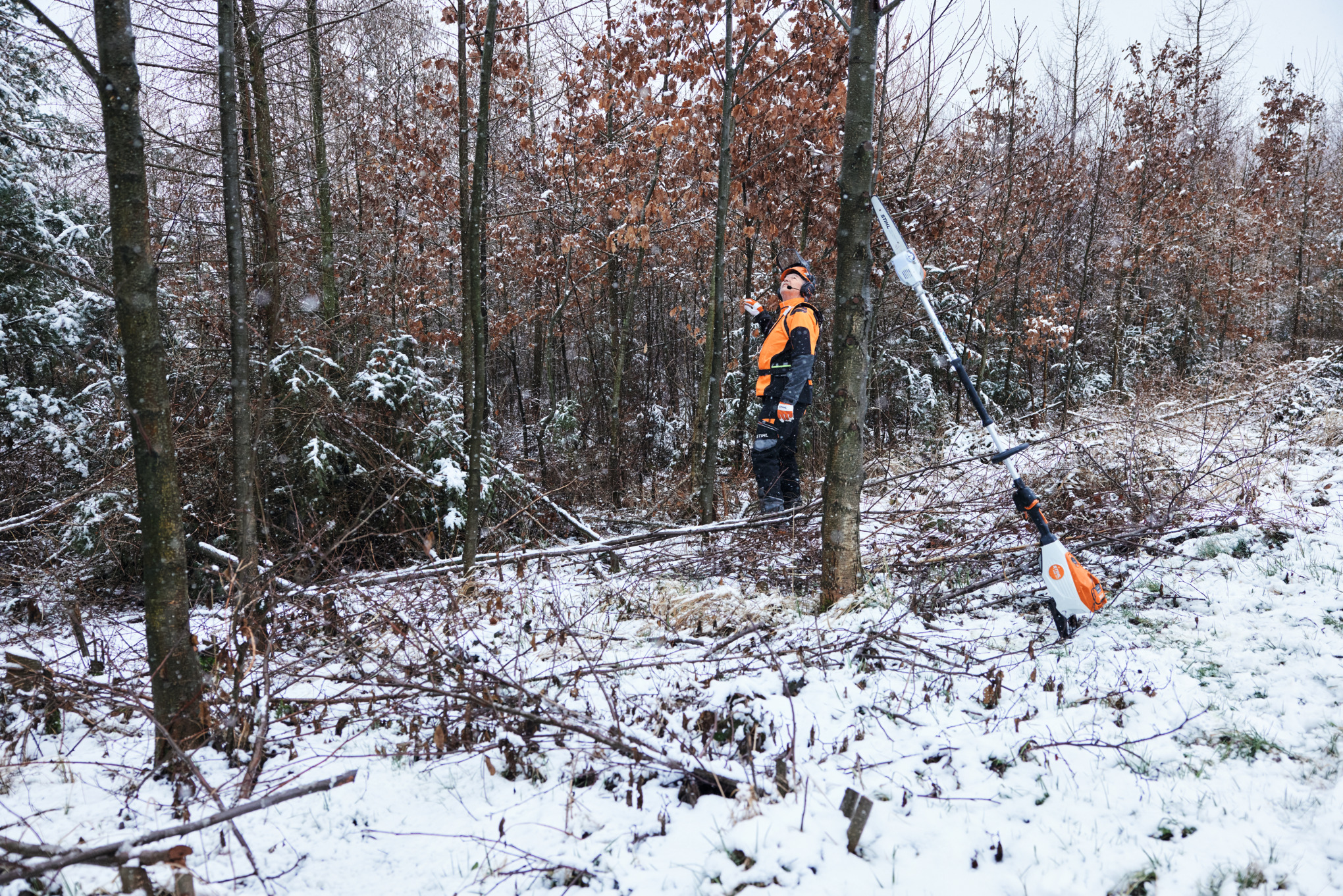 A man in protective equipment working in a snowy forest, with a STIHL HTA 150 battery-powered pole pruner leaning against a tree trunk in the foreground