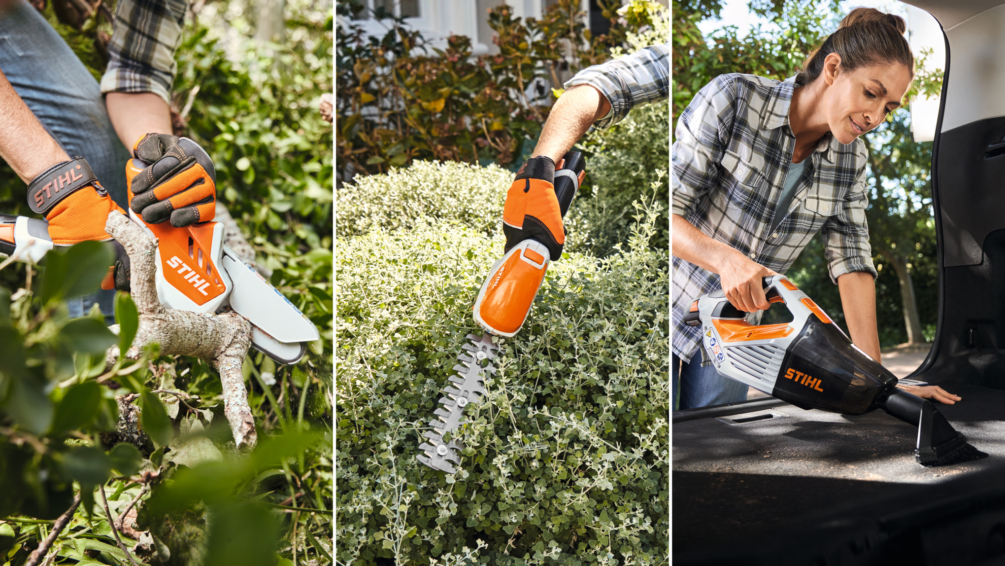 STIHL AS-System power tools: GTA 26 battery garden pruner, HSA 26 battery shears, and SEA 20 battery hand vacuum cleaner
