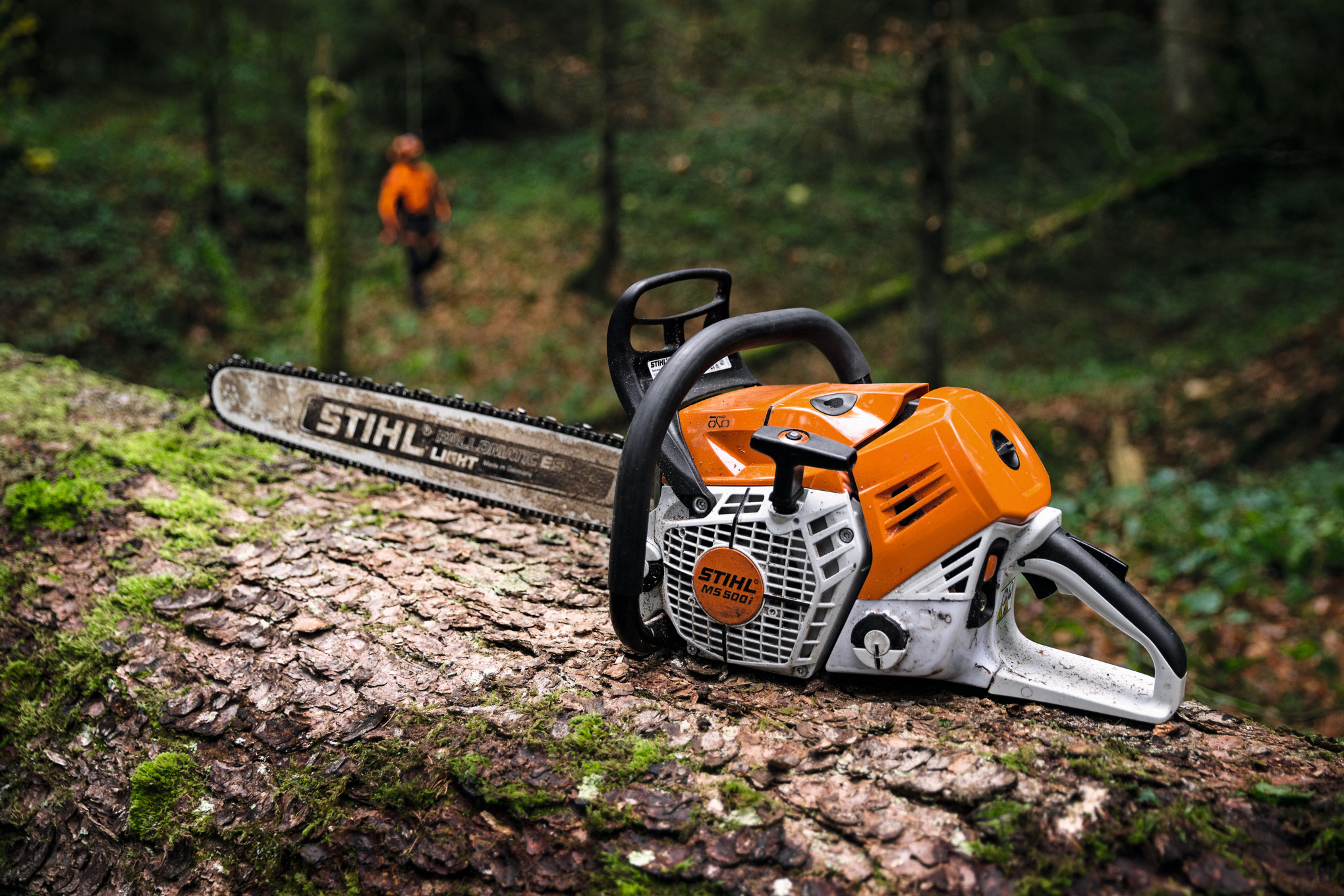 A STIHL MS 500i petrol chainsaw on a tree log in the forest