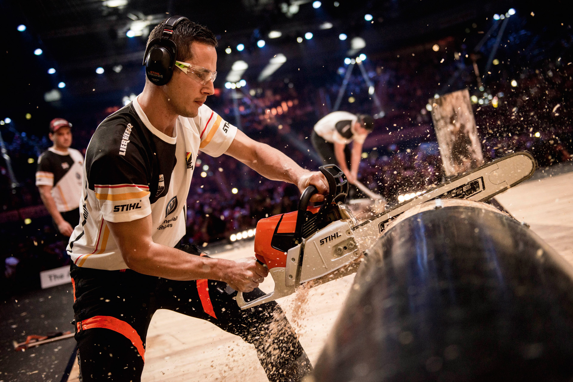 Competitive lumberjacks at the STIHL TIMBERSPORTS® Series World Championship in Stuttgart.