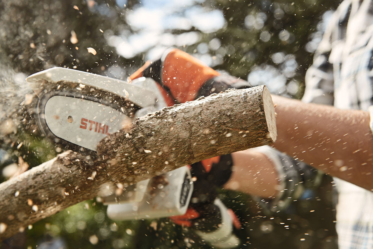 A woman in a chequered top with safety goggles cuts branches from a tree with the STIHL GTA 26 battery pruner